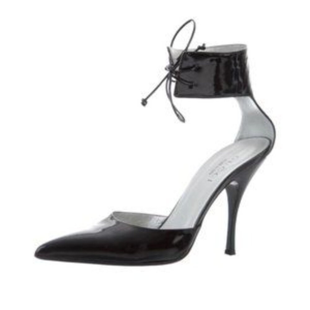 GUCCI BLACK LEATHER ANKLE Cuff LACE tie Stiletto high HEELS 7